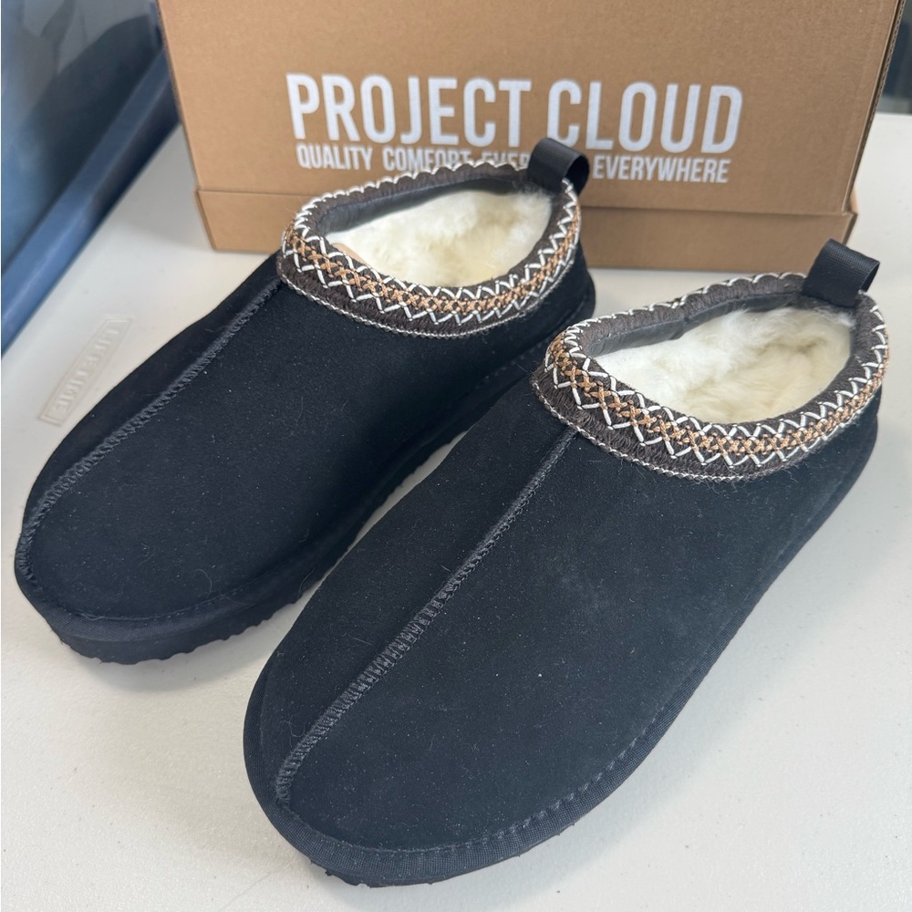 Project Cloud Black Women's Sudes and Shearling lines Slippers 10W